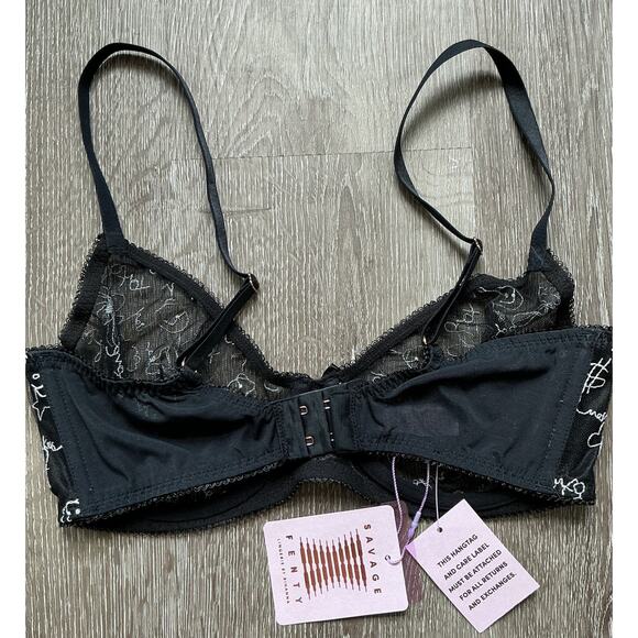 NWT Savage X Fenty Dear Diary Black Sheer Embroidered Bra 34DD - Picture 2 of 5